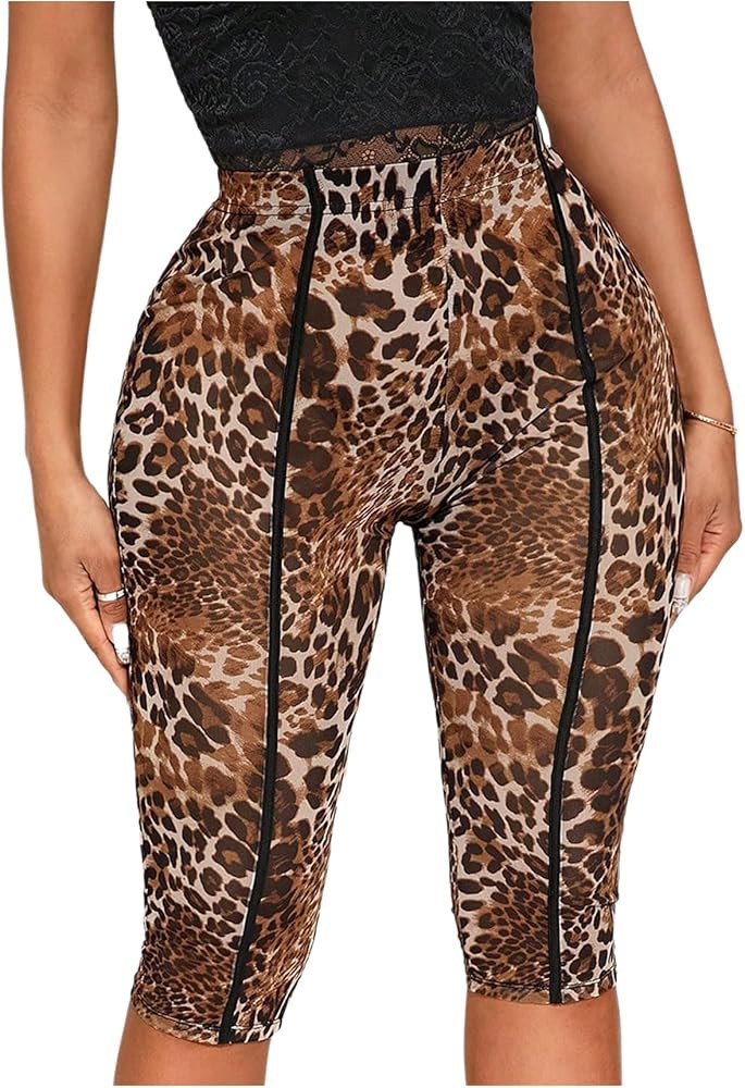 RoseSeek Women's Y2K Leopard Mesh Cropped Leggings 3/4 Length Club Capri Pants | Amazon (US)