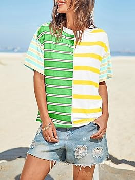Tankaneo Womens Summer Striped Shirts Casual Color Block Short Sleeve Tops Loose Fit Crew Neck Te... | Amazon (US)