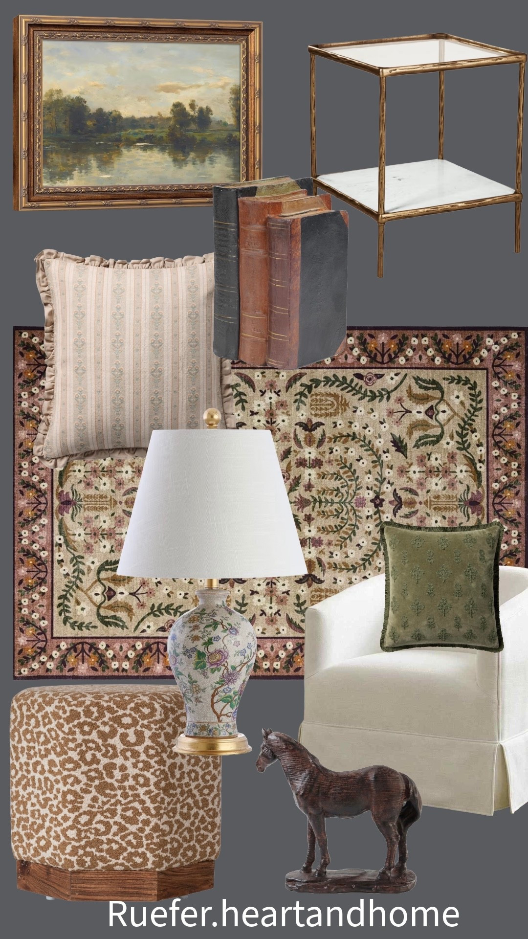 Cozy and collected vintage inspired home decor… Loloi rug, chinoiserie table lamp, upholstered swivel accent chair, pillows, ruffled pillow, decorative books, gold accent table, framed landscape art, vintage inspired art, upholstered cheetah ottoman, horse figurinees

#LTKSaleAlert #LTKSeasonal #LTKHome