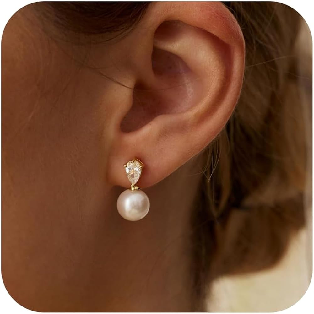 Pearl Earrings for Women Trendy,Gold Pearl Drop Earring Dainty 14K Gold Plated CZ Drop Stud Earri... | Amazon (US)