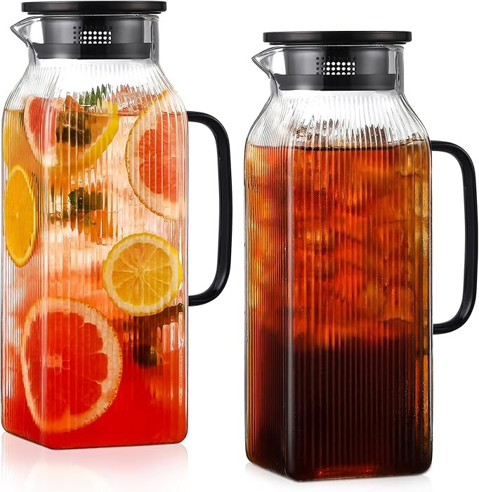 2 Pack 2 Liter/68 oz Square Glass Pitcher with Lid, Classic Stripes Water Pitchers with Handle fo... | Amazon (US)