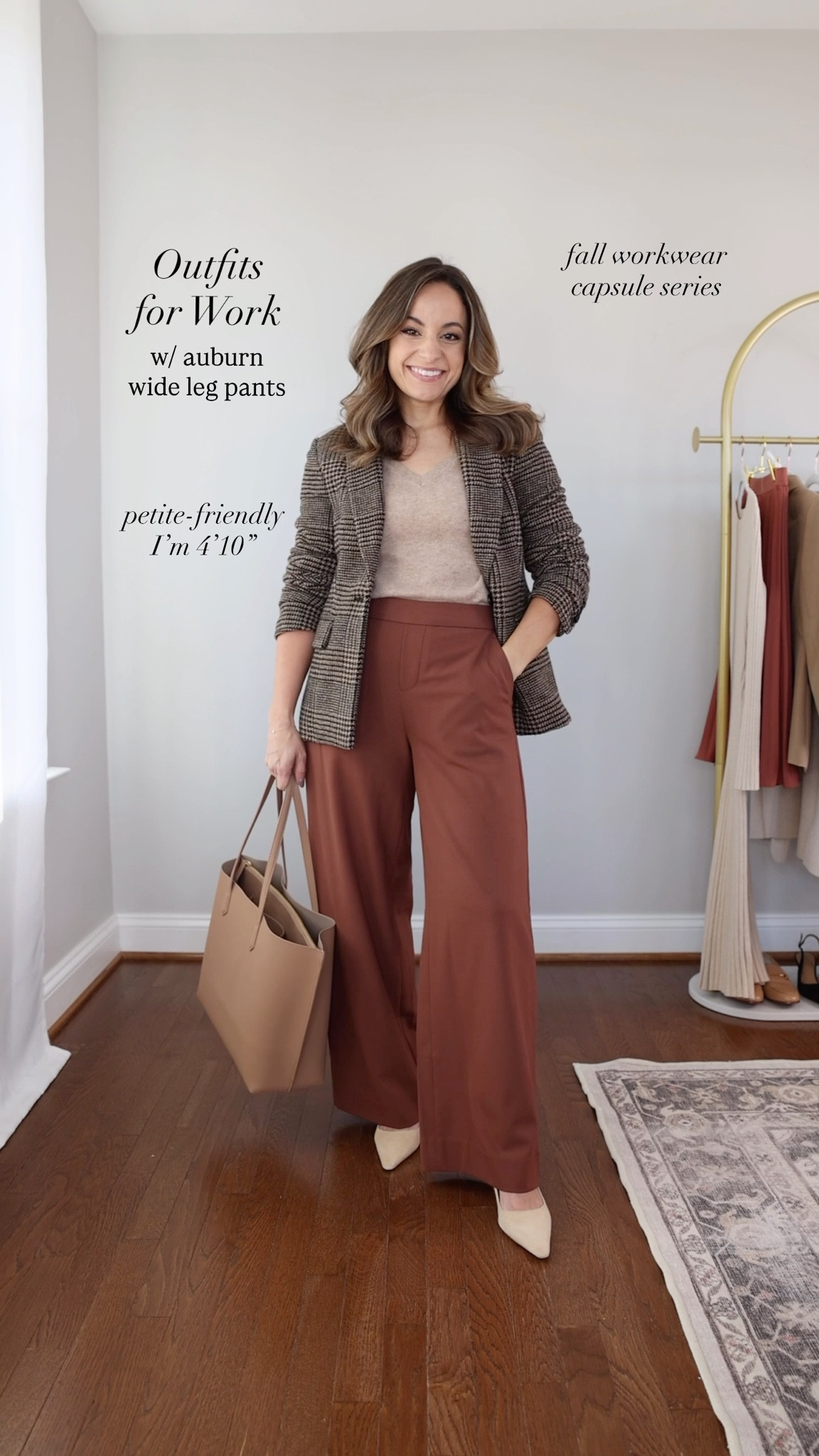 2025 fall workwear capsule series: auburn pants eight ways! 

Black top (Quince): xs 
V neck sweater (Quince): xs in oatmeal 
Short sleeve sweater (Quince): xs in rich burgundy 
Button down top (J.Crew Factory): petite xxs 
White long sleeve top (Quince): xs 
Duster cardigan (Amazon): xs in apricort 
Plaid blazer (BR Factory): petite 00 
Tan blazer (J.Crew): petite 00 in burnished saddle 
Auburn pants (BR Factory): petite 00 / 10” rise / 29” inseam (I can only wear with heels) 

*beige heels links are a slightly different color.

My measurements for reference: I’m 4’10” and 105lbs. My bust, waist, and hip measurement is 32”, 24”, and 36”.

#LTKSeasonal #LTKPetite #LTKWorkwear