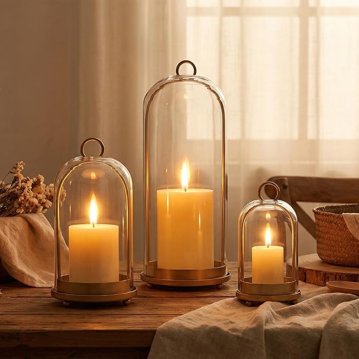 15"&9"&7" Hurricane Glass Candle Holders Set of 3, Metal Candle Holder with Handmade Glass Dome i... | Amazon (US)
