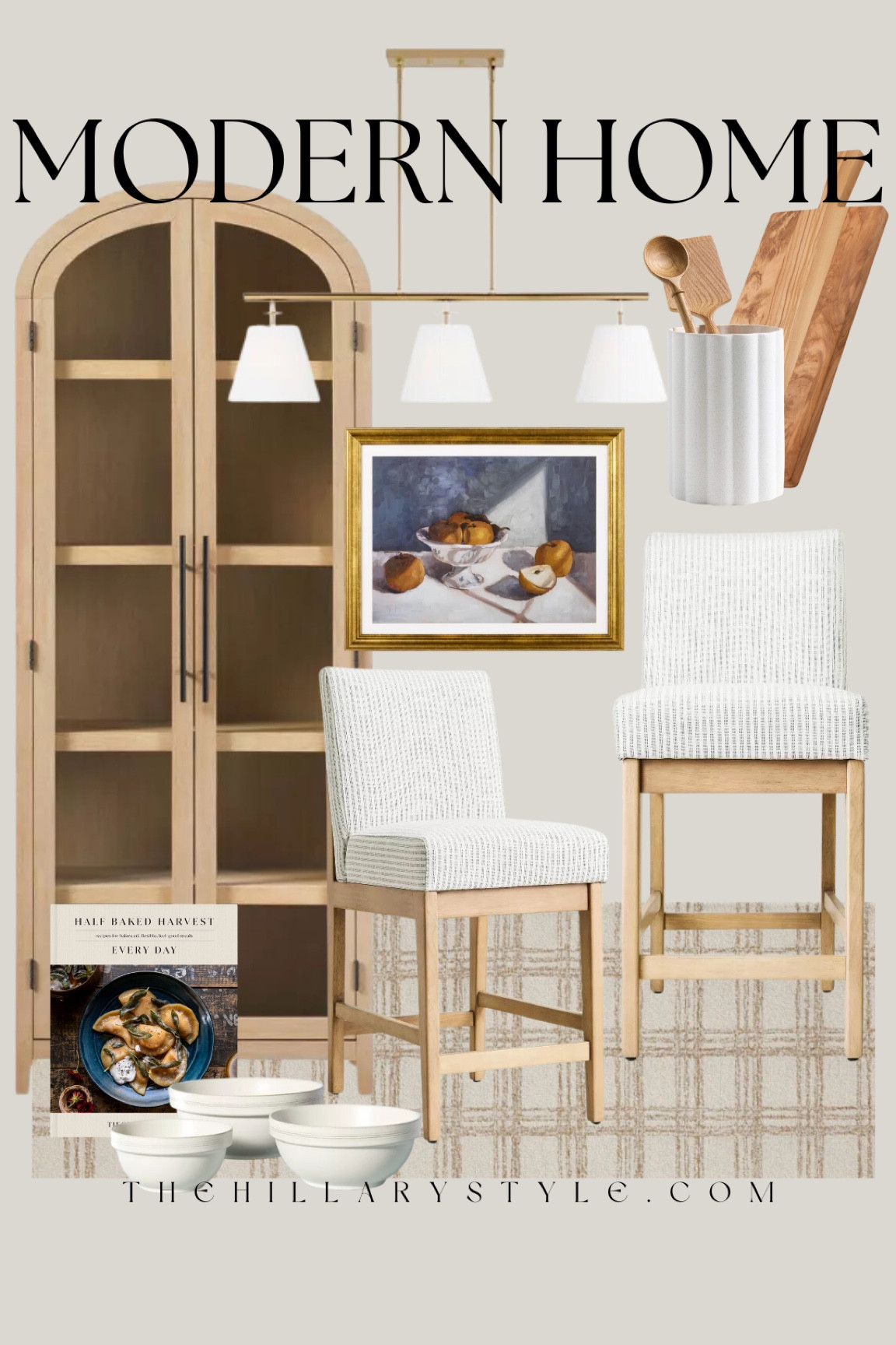 Modern Home: neutral home decor and furniture finds for the modern organic kitchen. Oak display cabinet, kitchen curio cabinet, counter stools, upholstered stool, plaid runner, kitchen runner, kitchen art, still life painting, wood board, cutting board, utensils holder, cookbook, mixing bowl set, ceramic bowl set, gold and white kitchen light. Target, Wayfair, Joss & Main, Crate & Barrel, west elm, Williams Sonoma.

#LTKSeasonal #LTKHome #LTKStyleTip