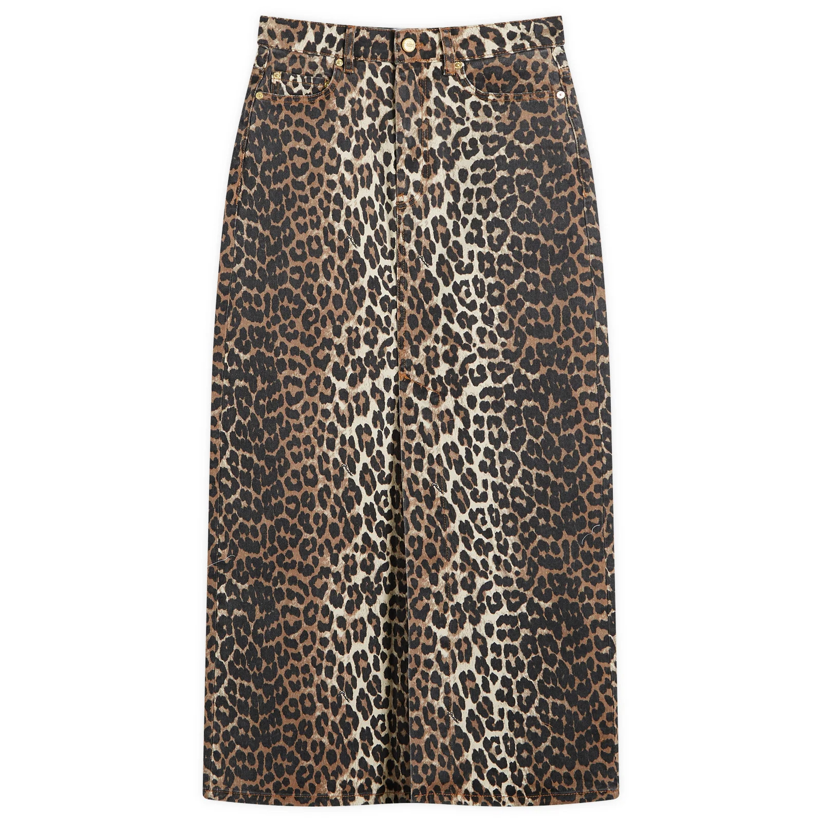 GANNI Women's Print Denim Maxi Slit Skirt in Leopard, Size X-Large | END. Clothing