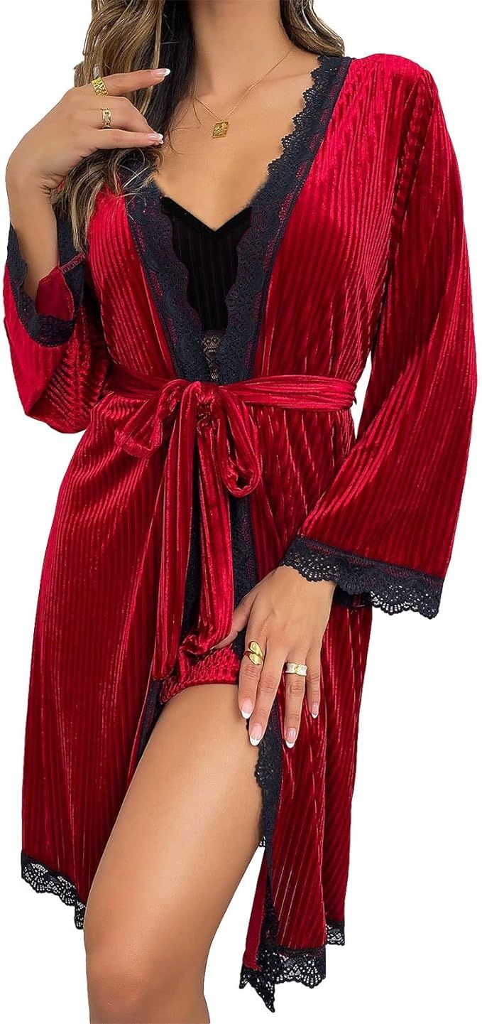 Rubruan Women's Lace Velvet Robe Sexy V Neck Nightgown Short Bathrobe Sleepwear for Bridal Weddin... | Amazon (US)