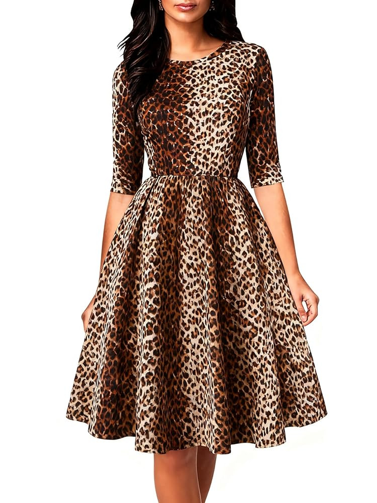 oxiuly Women's Vintage Half Sleeve O-Neck Contrast Casual Pockets Party Swing Dress OX253 | Amazon (US)