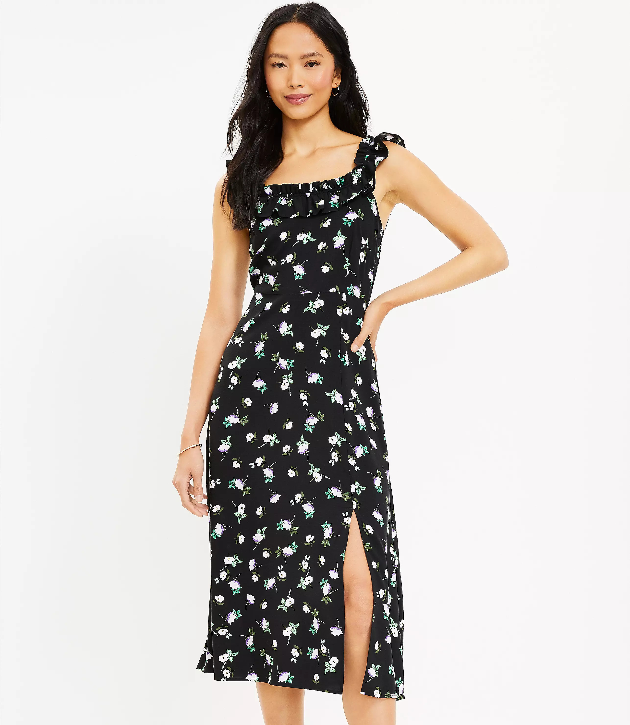 Petite Floral Ruffle Square Neck Midi Dress | LOFT