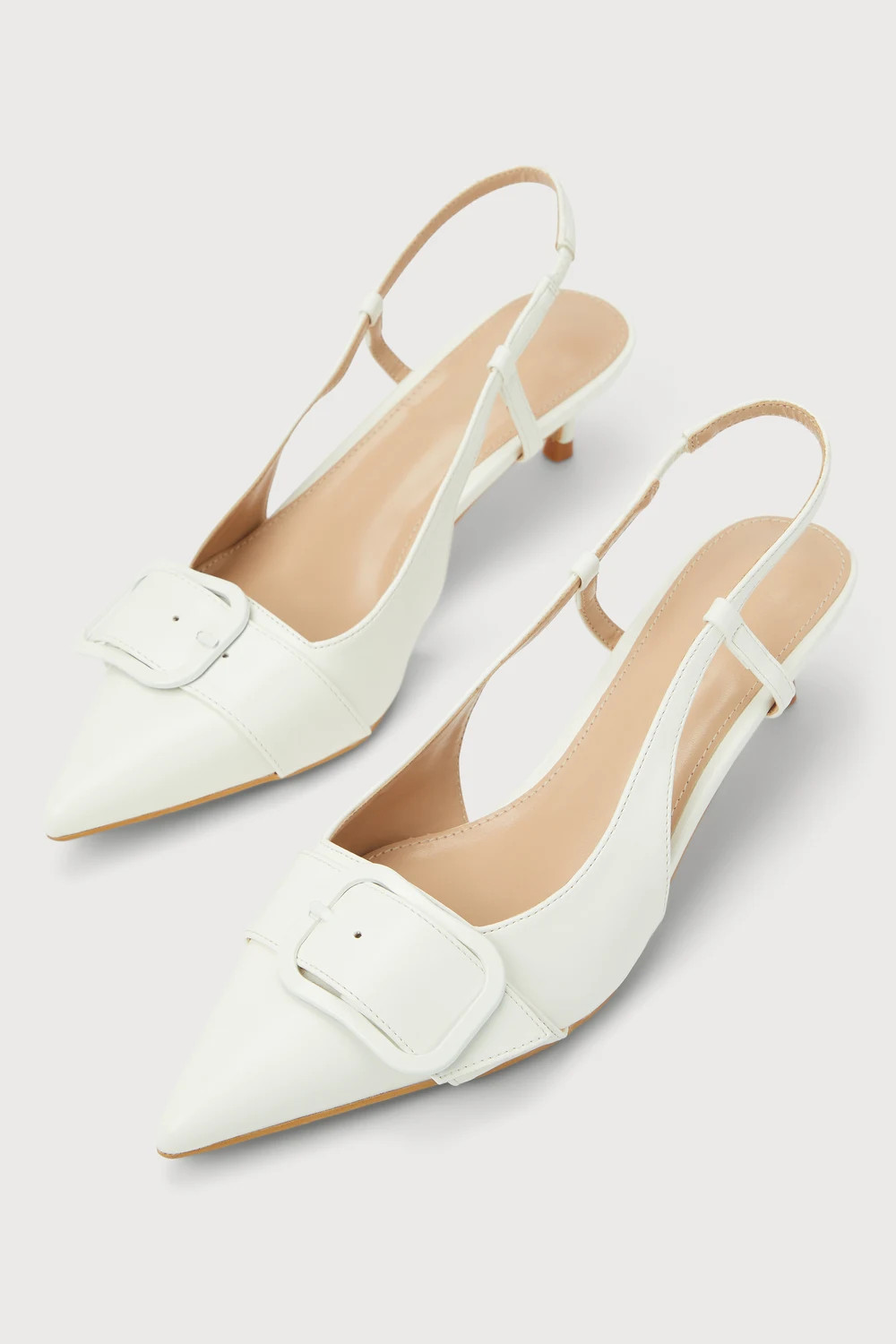 Gwenneth White Buckle Pointed-Toe Kitten Heel Slingback Pumps | Lulus (US)