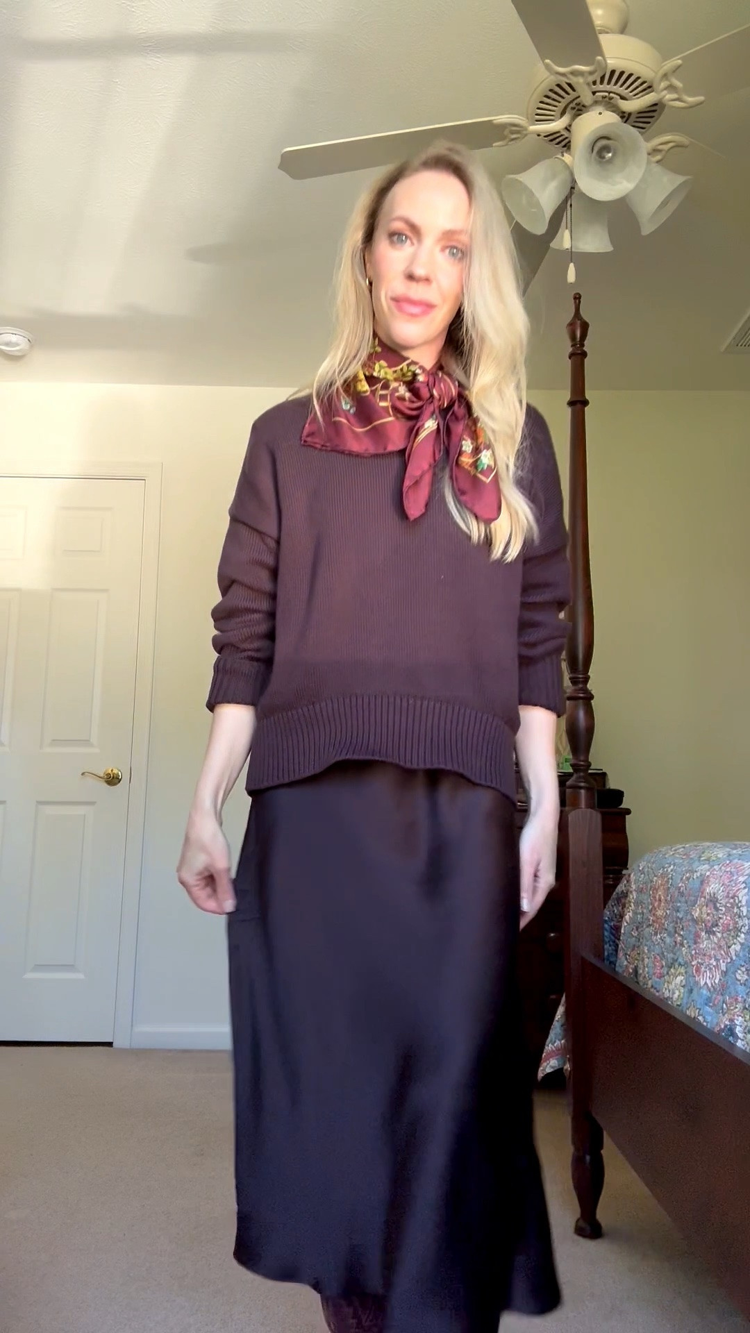 Fall workwear, teacher outfit, Gucci silk scarf, @Quince silk skirt, @Tecovas burgundy cowboy boots