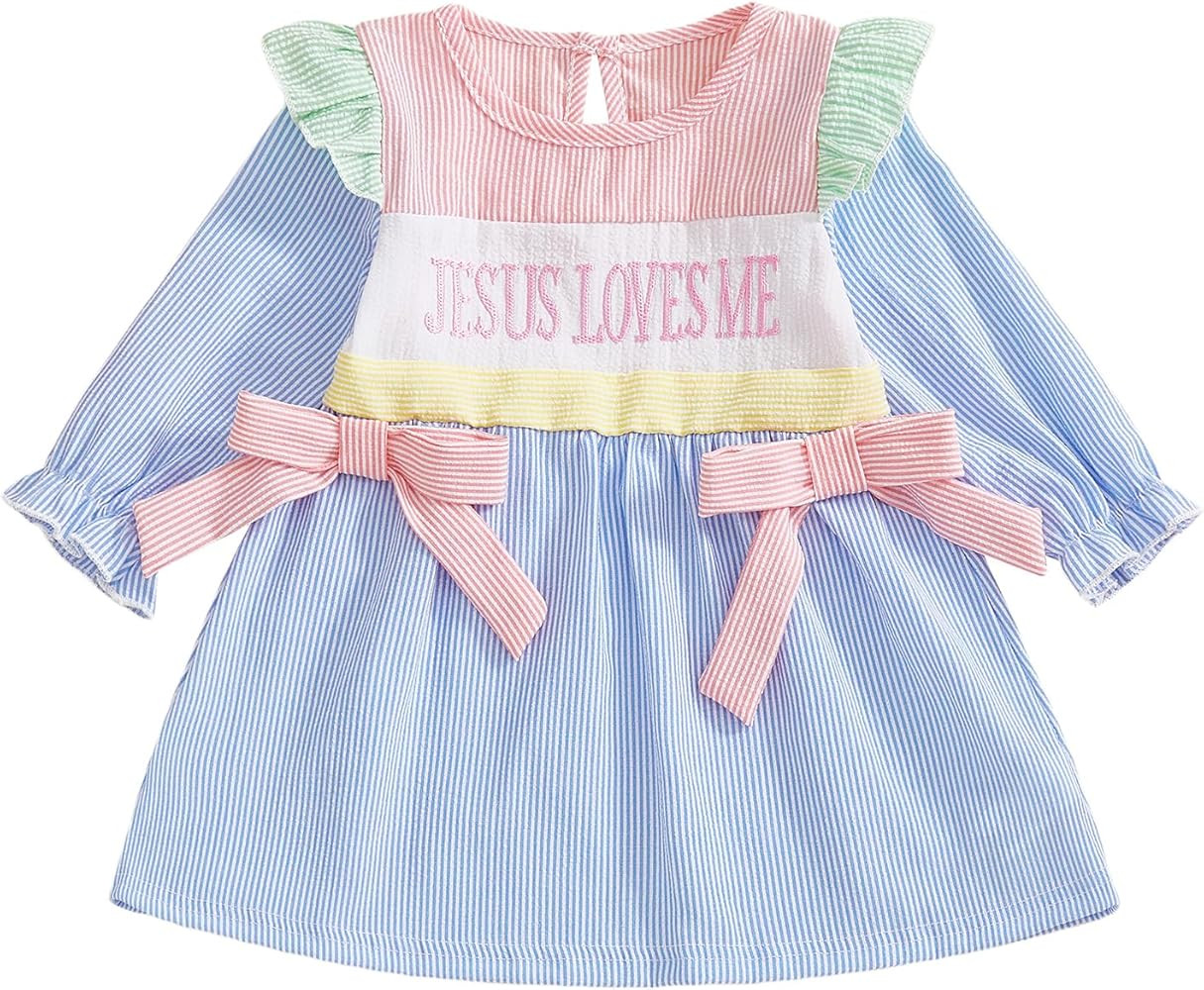 Toddler Baby Girl Christian Clothes Jesus Loves Me Embroidery Dress Ruffle Long Sleeve Striped Dr... | Amazon (US)