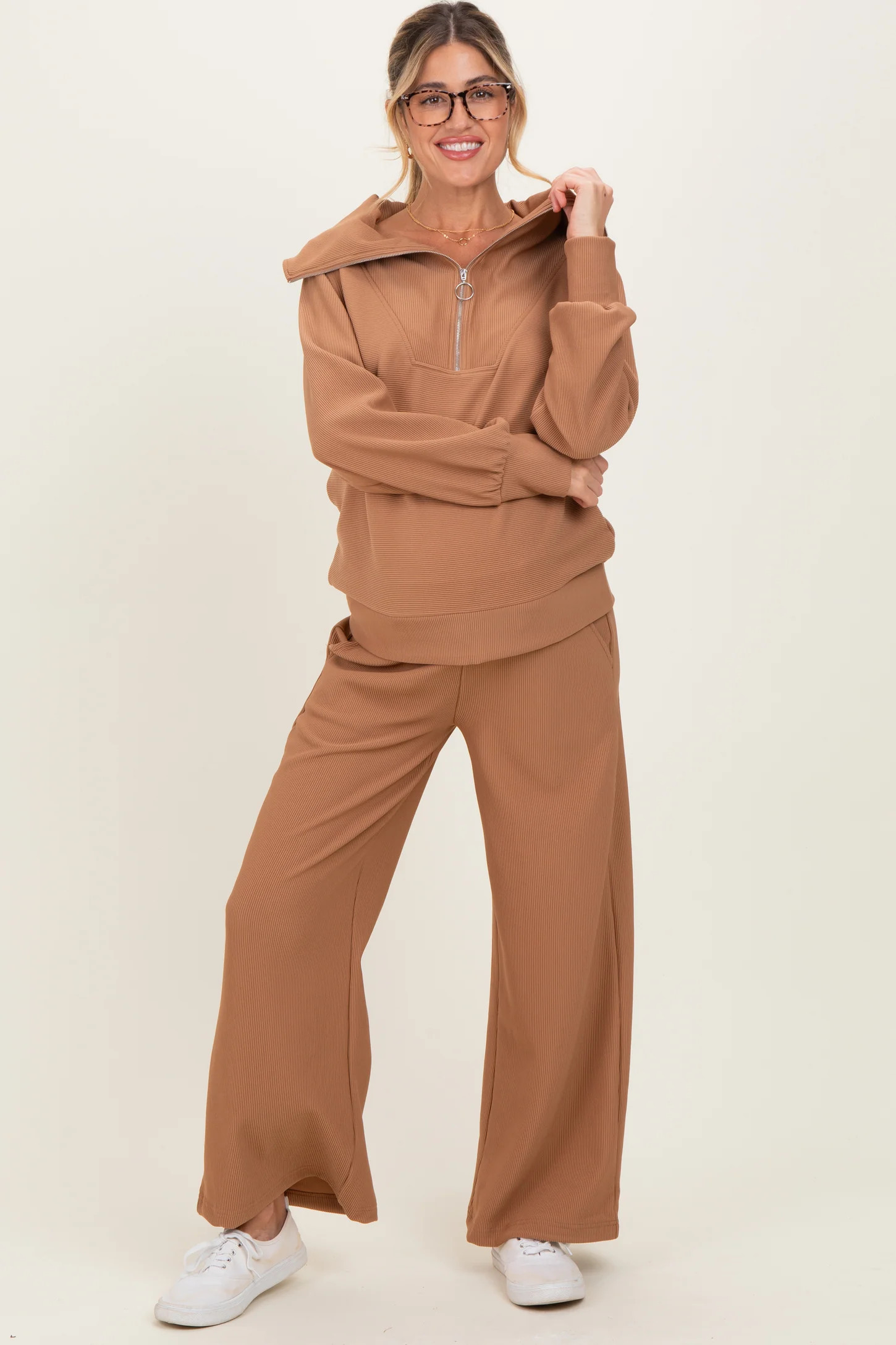 Camel Ribbed Half Zip Pullover Wide Leg Pant Maternity Set | PinkBlush Maternity
