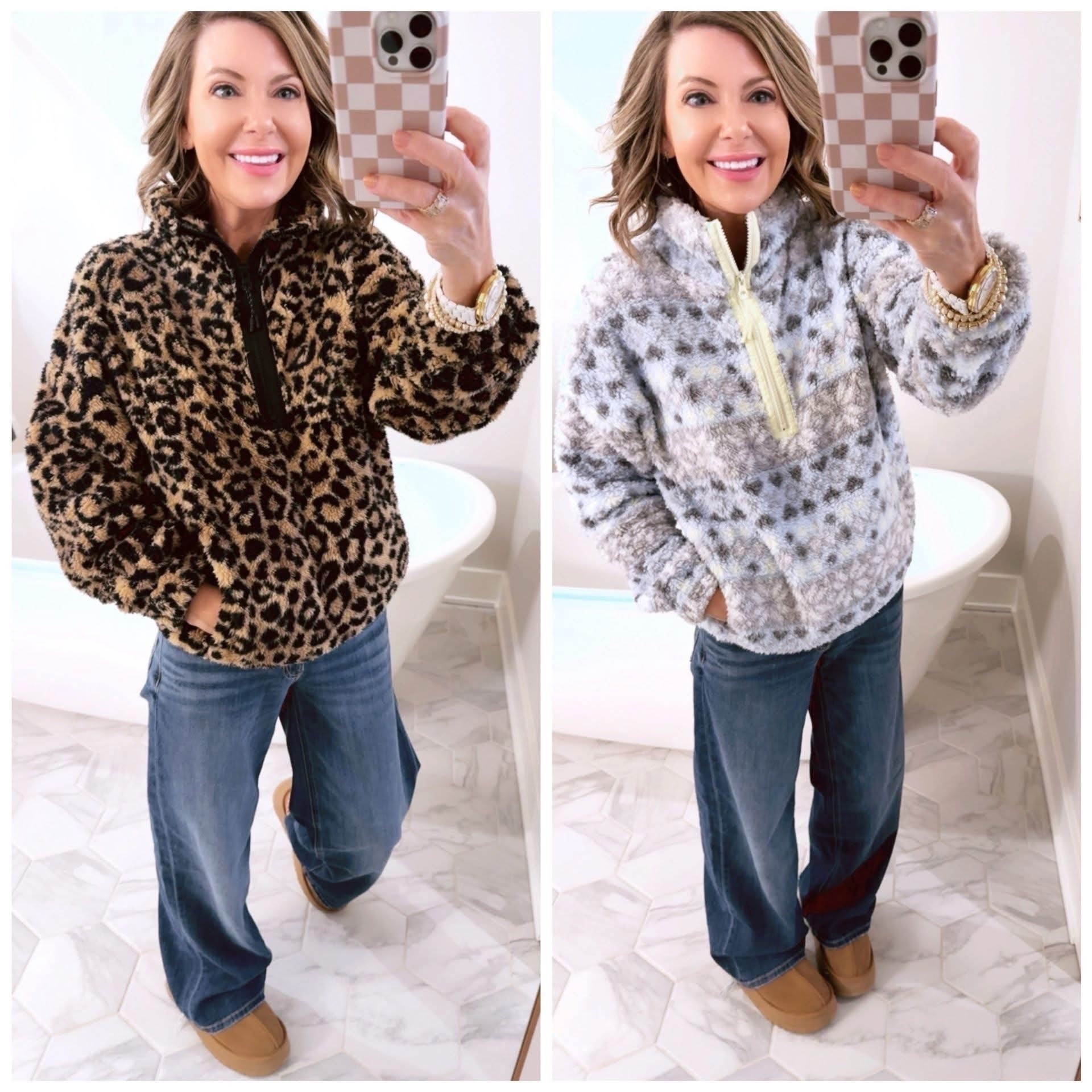 Happy 🐫day☀️Have a favorite here? Same exact top, just a different print! 

Both of my fleece zip ups are under $11! 

Tried the American Eagle dreamy drape wide leg jeans and they are amazing! Got them last month and have worn them everyday since!! 😂😂😂Lightweight and stretchy! 

Dropping 🔗 👇

#LTKgrwm #LTKdayinmylife #LTKSeasonal