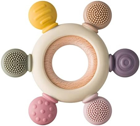 Baby Teething Toys Silicone Teethers BPA Free Silicone Rudder with Wooden Ring Soothe Babies Gums... | Amazon (US)