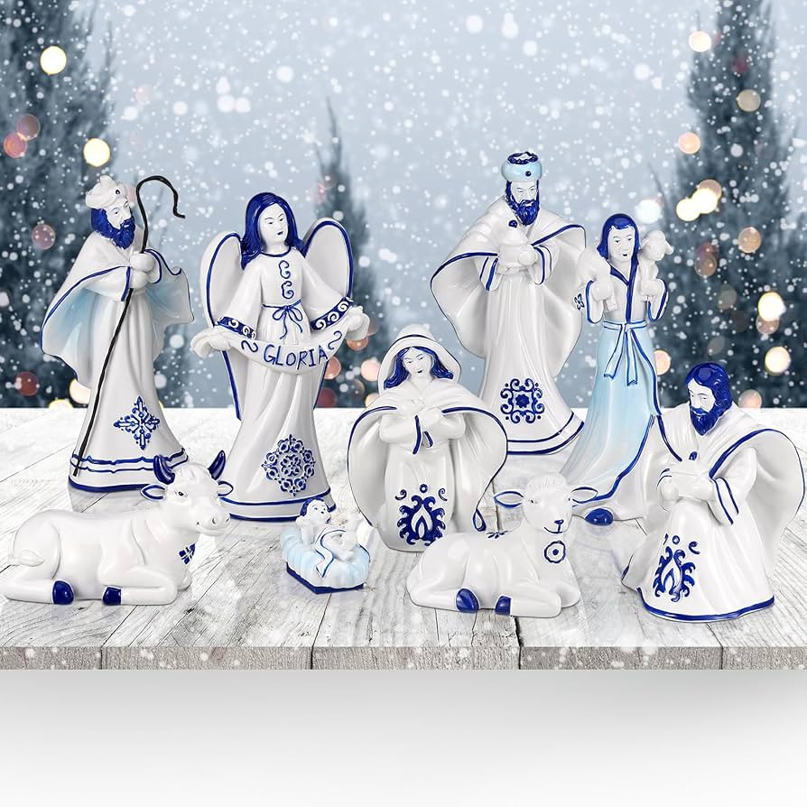 Tioncy 9 Pcs Porcelain Chinoiserie Nativity Set Delft Blue Nativity Sets Porcelain Blue Nativity ... | Amazon (US)