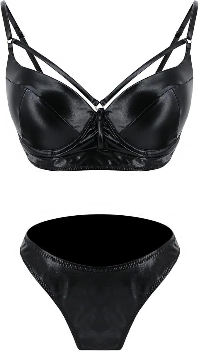 Gabrine 2 Pcs Sets Women Shiny Metallic Patent Leather Bikini Swimsuit Bra Triangle Bikini Swimwe... | Amazon (US)