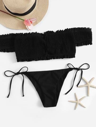 Smocked Bardot Top With Tie Side Bikini | SHEIN