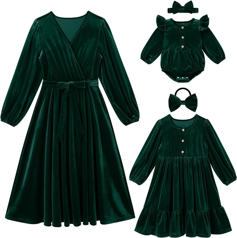 AWIBMK Mommy and Me Christmas Dresses Long Sleeve Velvet Dress Fall Winter Xmas Holiday Mom Daugh... | Amazon (US)