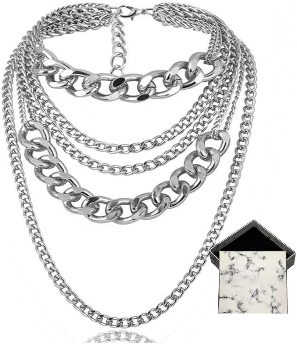 CIBIRICH Chunky Necklaces for women Punk Chain Silver Statement Collar Necklace | Amazon (US)