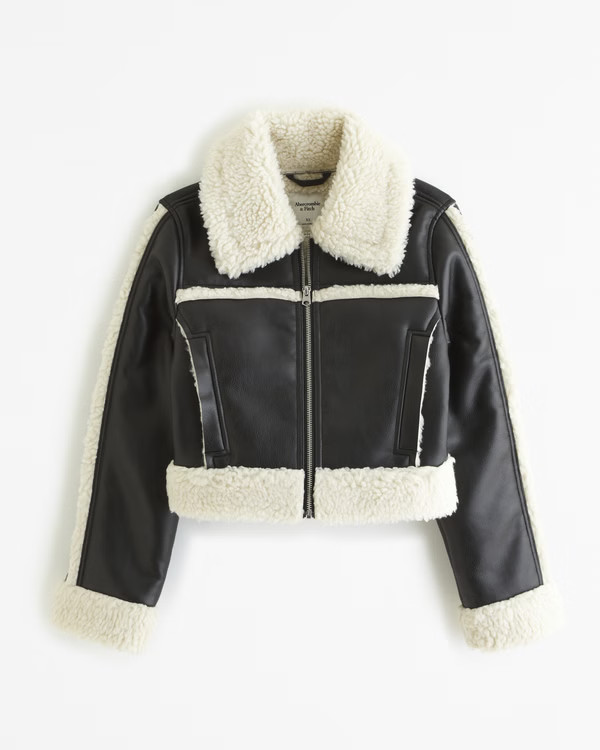 Cropped Vegan Leather Shearling Jacket | Abercrombie & Fitch (US)
