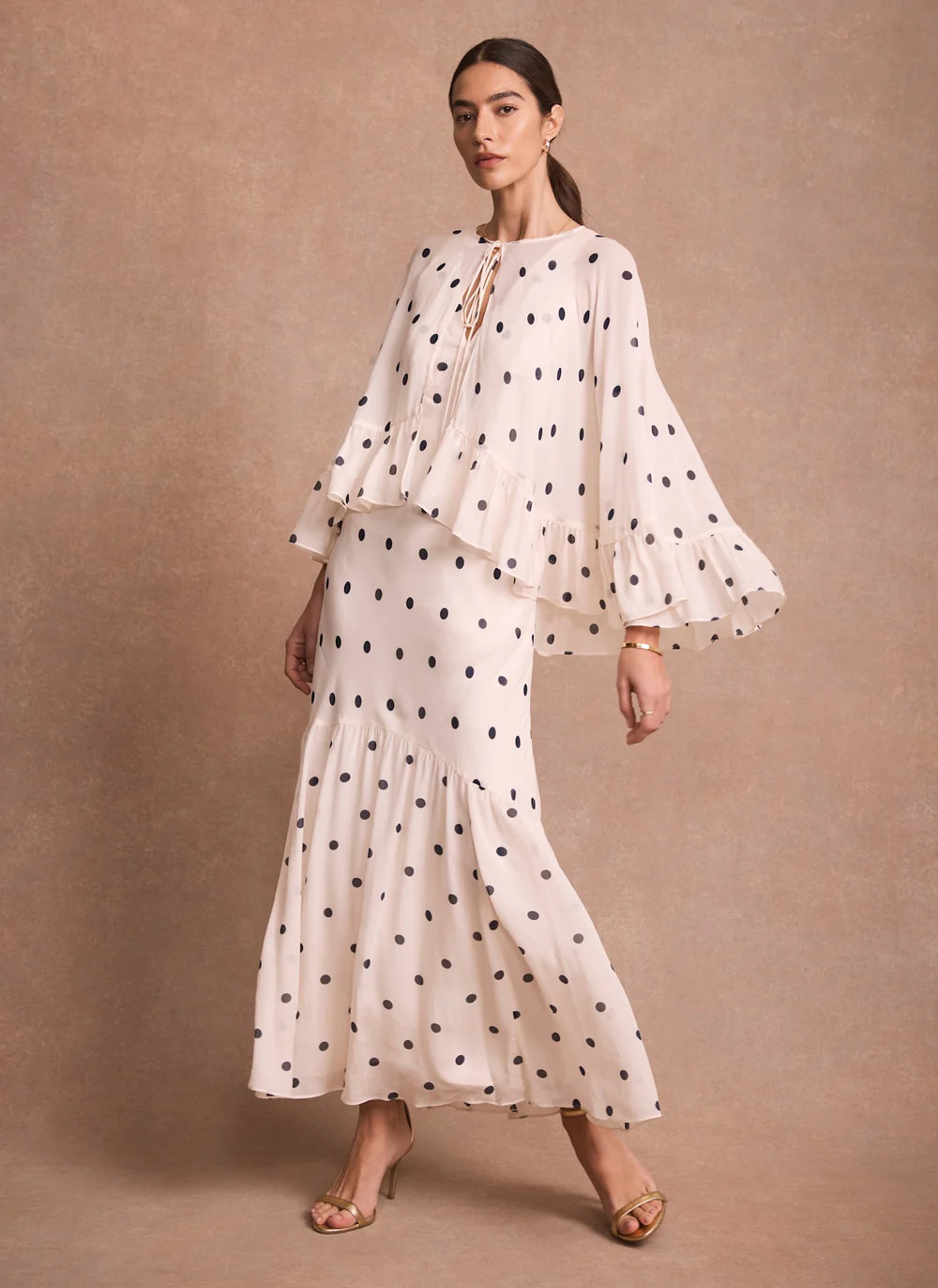 Cream Polka Dot Print Cape Maxi Dress | Mint Velvet