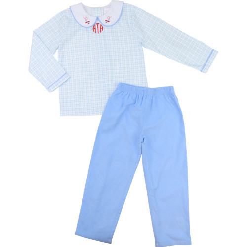 Blue Windowpane Valentine Airplane Pant Set | Cecil and Lou