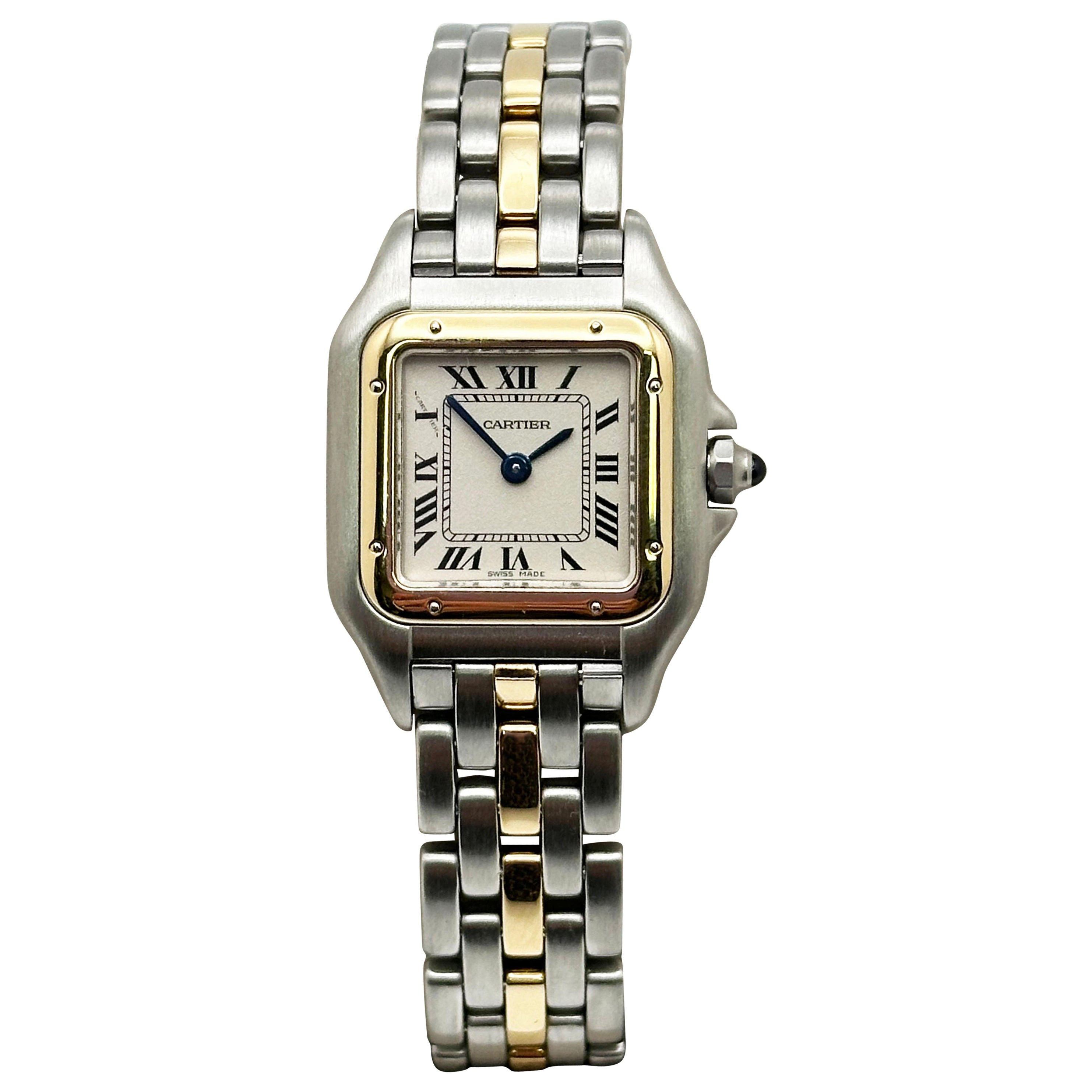 Cartier 66921 Ladies Panthere One Row 18K Yellow Gold Stainless Steel Box Paper | 1stDibs