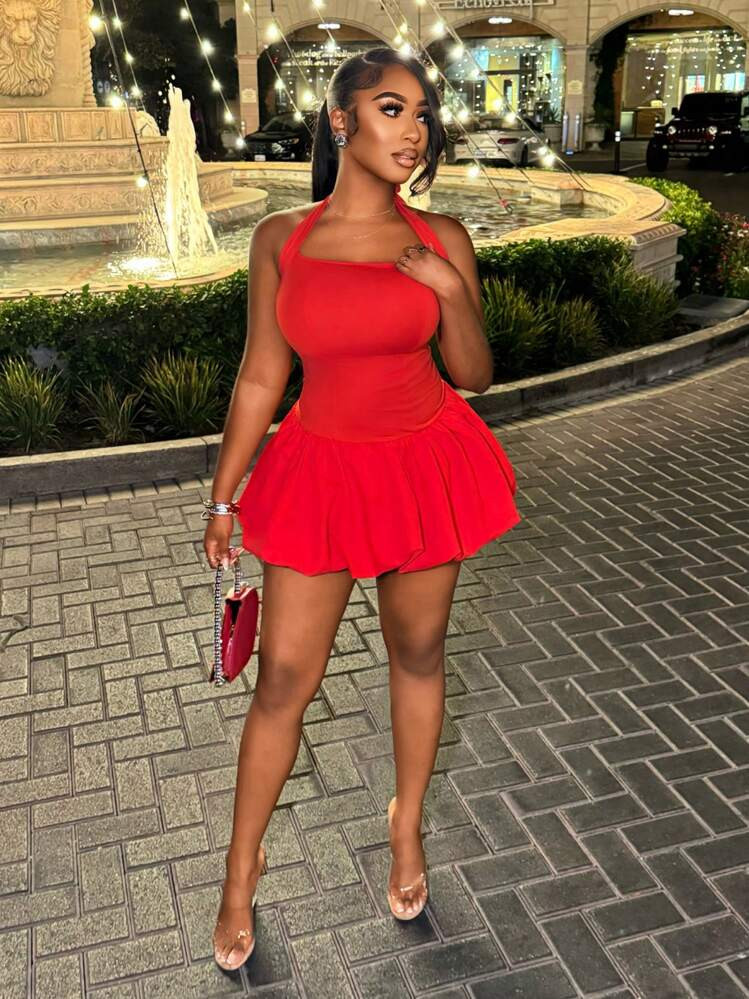 BamGleam Women's Summer Sexy Solid Color Backless Halter Bubble Hem Mini Dress | SHEIN