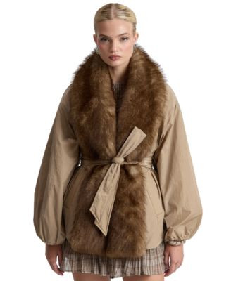 Avec Les Filles Women's Belted Faux-Fur-Trim Shawl Collar Puffer Jacket - Dark Forest Mink | Macy's