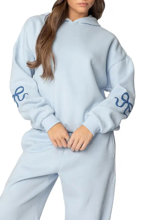 EDIKTED Bonney Bow Oversize Hoodie in Blue at Nordstrom, Size Large | Nordstrom