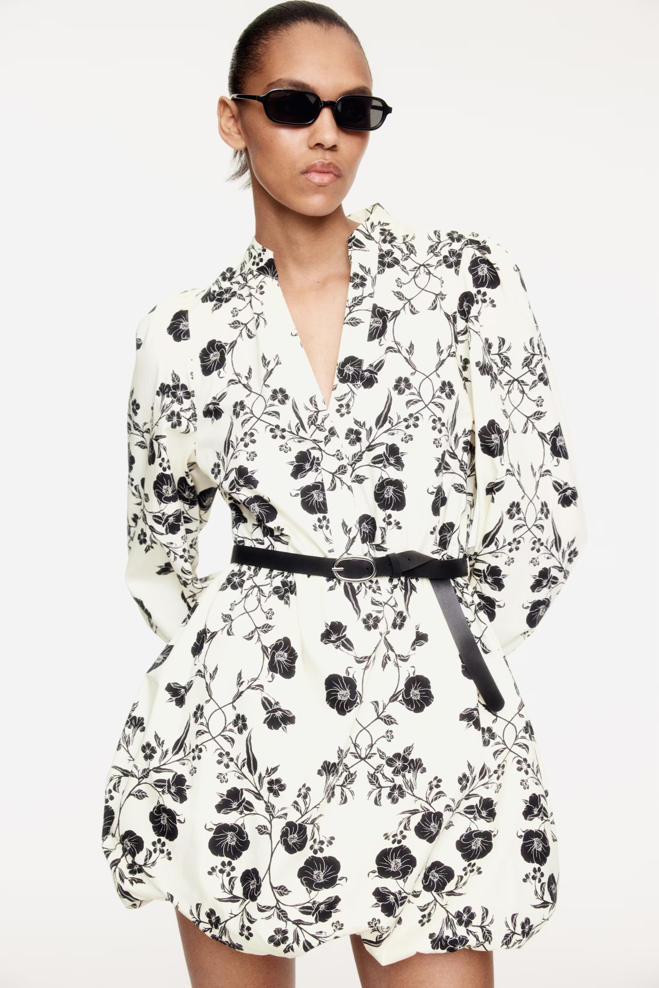 Belted Bubble-Hem Dress - Cream/floral - Ladies | H&M US | H&M (US + CA)