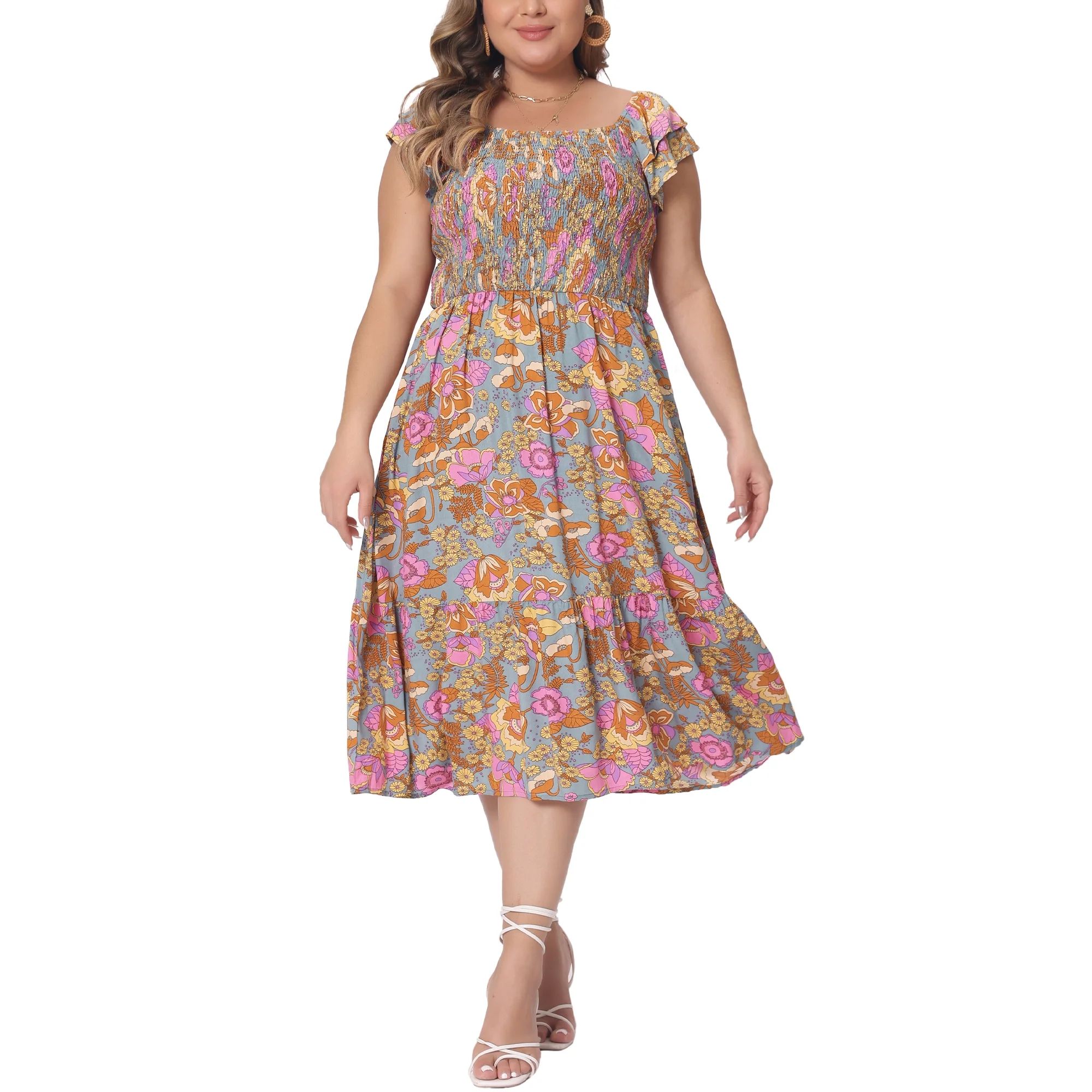 Agnes Orinda Plus Size Dresses for Women Square Neck Flutter Sleeve Smocked Flowy Summer Midi Dre... | Walmart (US)