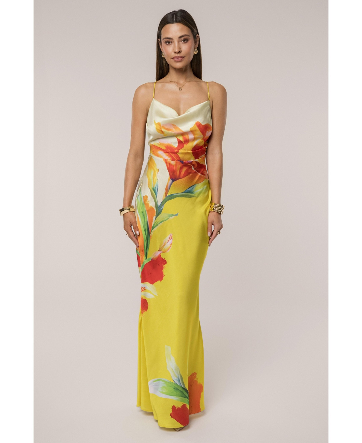 Jluxlabel Women's Satin Floral Print Maxi Dress - Yellow | Macy's