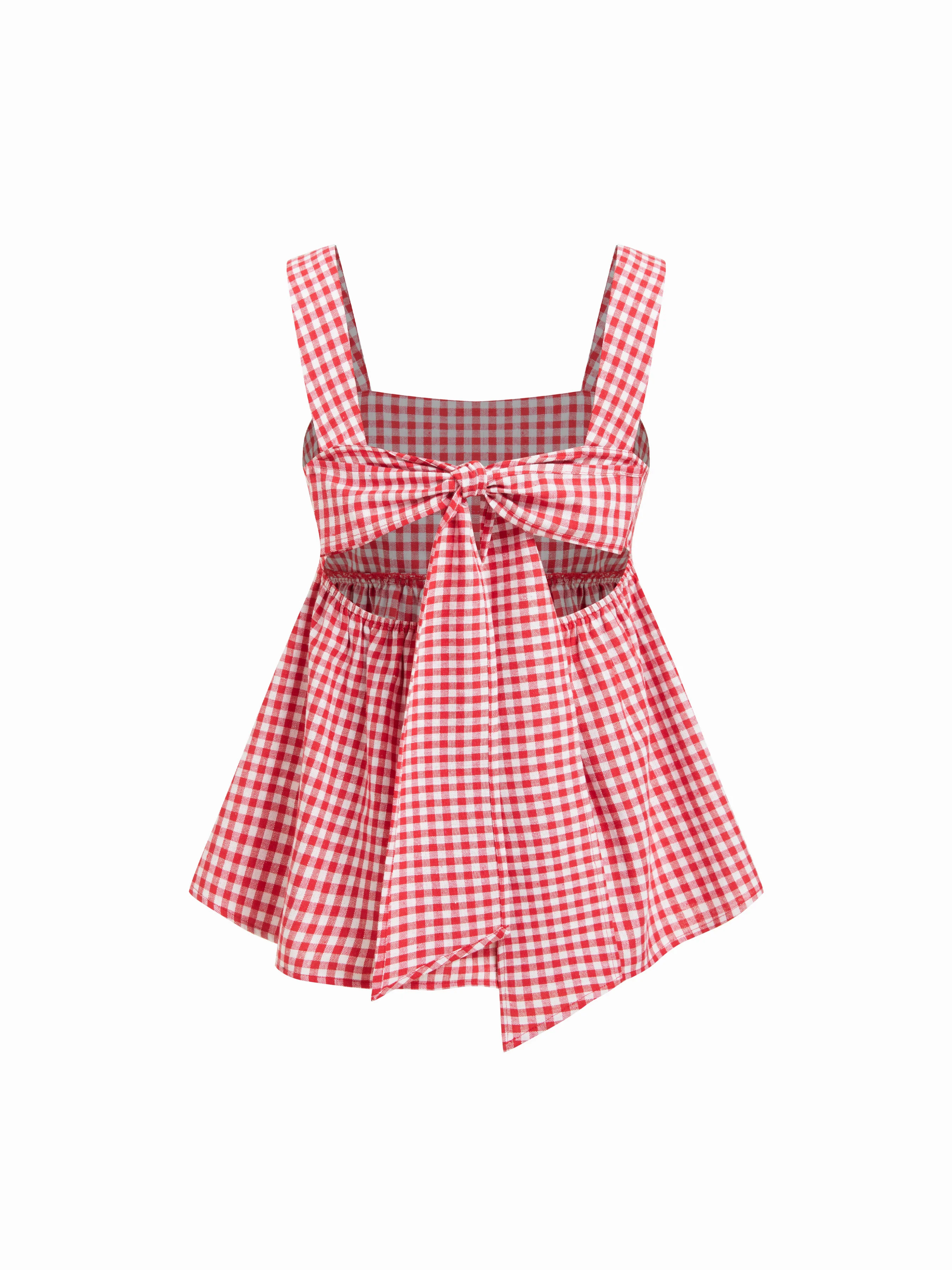 Cotton-blend Gingham Square Neck Bowknot A-line Cami Top | Cider