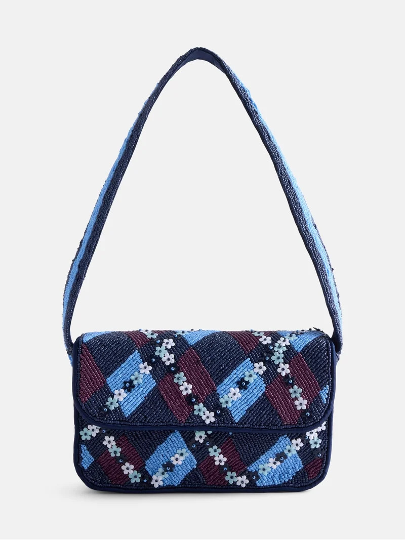 Free Assembly Women's Beaded Argyle Flap Shoulder Bag, Blue | Walmart (US)