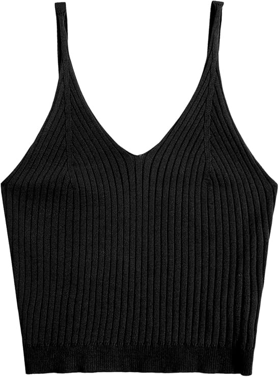 SweatyRocks Women's V Neck Crop Cami Top Ribbed Knit Spaghetti Strap Sleeveless Vest | Amazon (US)