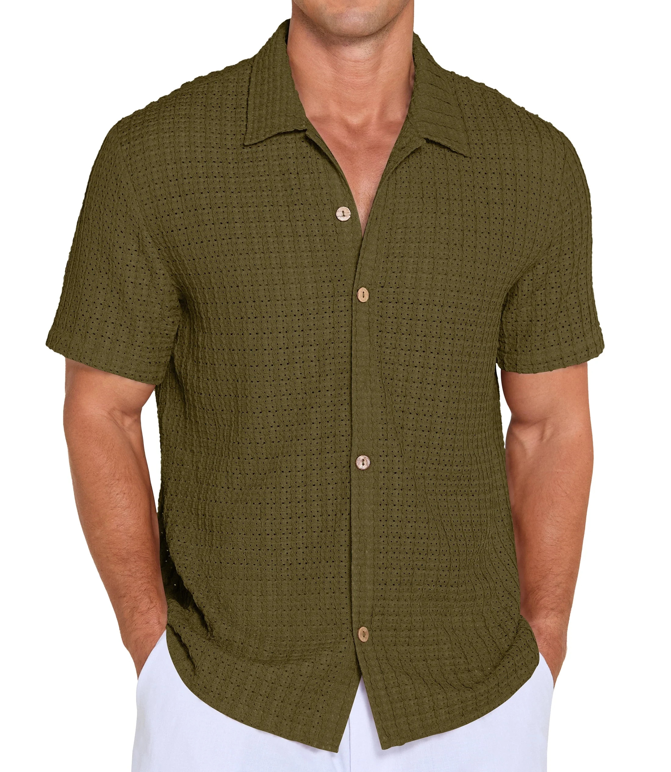 QDG Mens Casual Button Down Shirts Short Sleeve Summer Beach Shirts Crochet Guayabera Shirts Holl... | Walmart (US)