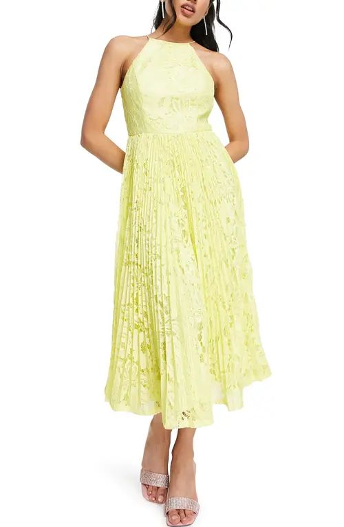 ASOS DESIGN Pleated Lace Midi Dress in Yellow at Nordstrom, Size 12 Us | Nordstrom