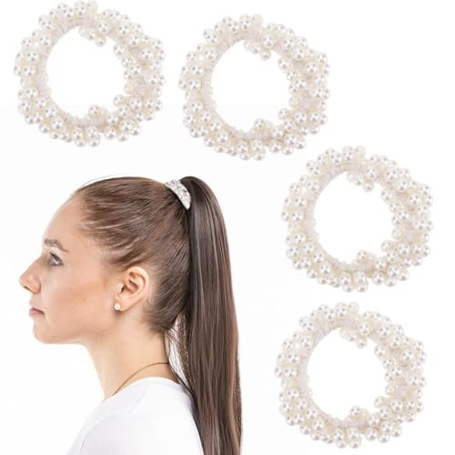 4 Pcs Pearl Hair Tie White Pearl Scrunchie Stretch Pearl Ponytail Holder Beaded Hair Ties Elastic Hair Bands Bead Hair Rope Fancy Hair Ties Pearl Hair Accessories for Women Girls Ponytail Thick Hair | Amazon (US)