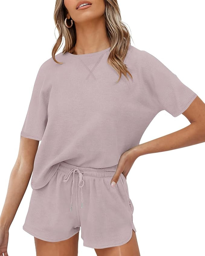 ZESICA Women's Waffle Knit Pajama Set Short Sleeve Top and Shorts Loungewear Athletic Tracksuits ... | Amazon (US)