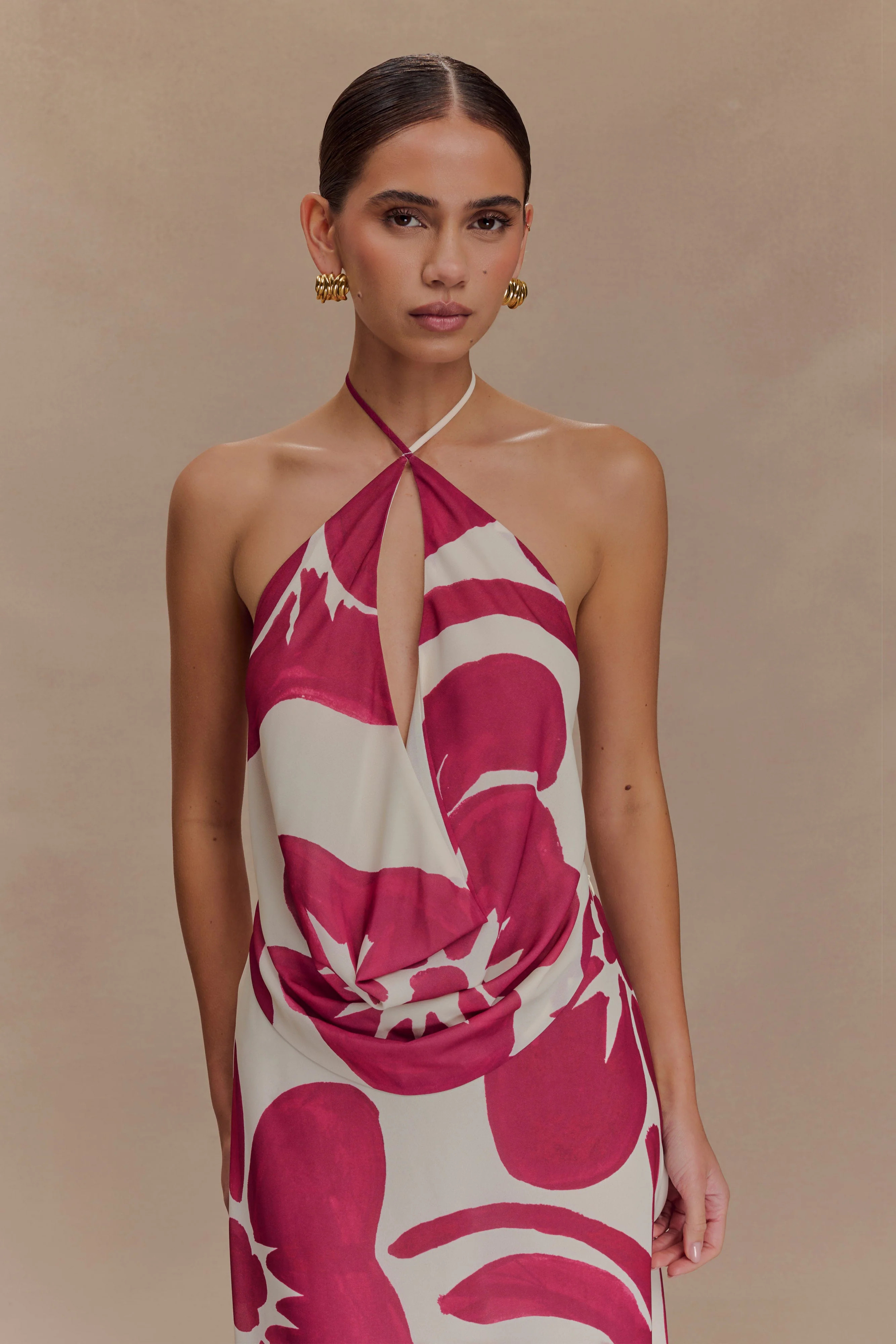 Katalina Chiffon Cowl Halter Top - Red Deco Fleur Print | MESHKI US