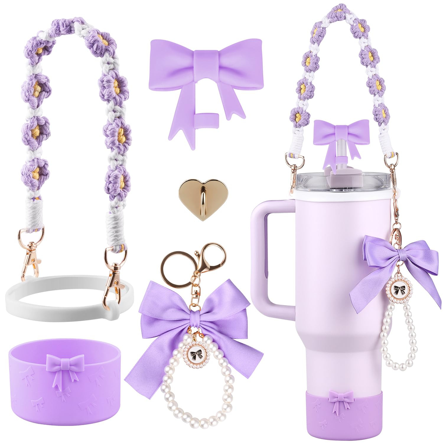 Accessories Set for Stanley Cup, Water Bottle Handle Strap, Siliocne Water Cup Boot, Bow Straw Co... | Amazon (US)