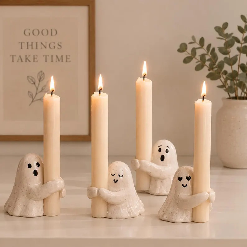 Handmade Ceramic Ghost Candle Holder, Cute Spooky Taper Candle Stand, Halloween Table Decor, Ghos... | Etsy (Global)