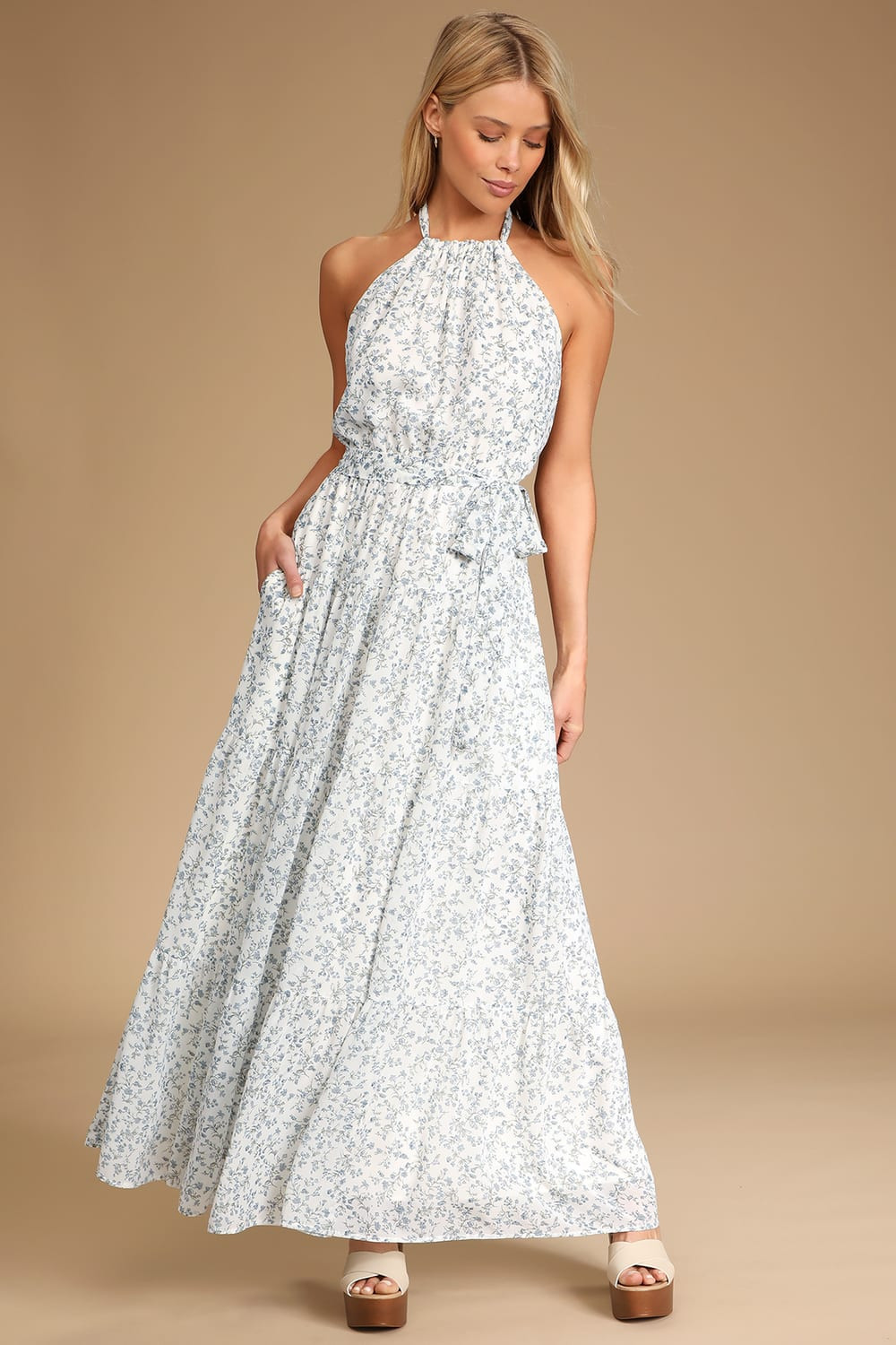 Sunny Forecast Ivory Floral Print Tiered Maxi Dress With Pockets | Lulus (US)