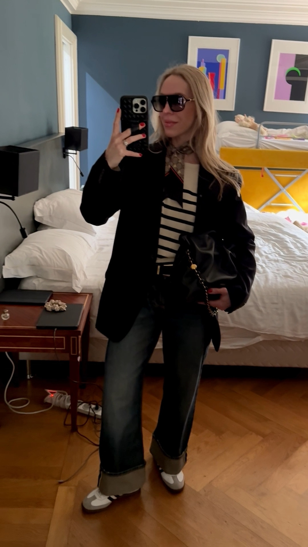 Look of the day, black blazer, Gucci silk scarf, Gucci aviator sunglasses, striped sweater, @Zara cuffed baggy jeans, Adidas Samba sneakers, travel style, spring break, European vacation 

#LTKdayinmylife #LTKootd #LTKTravel