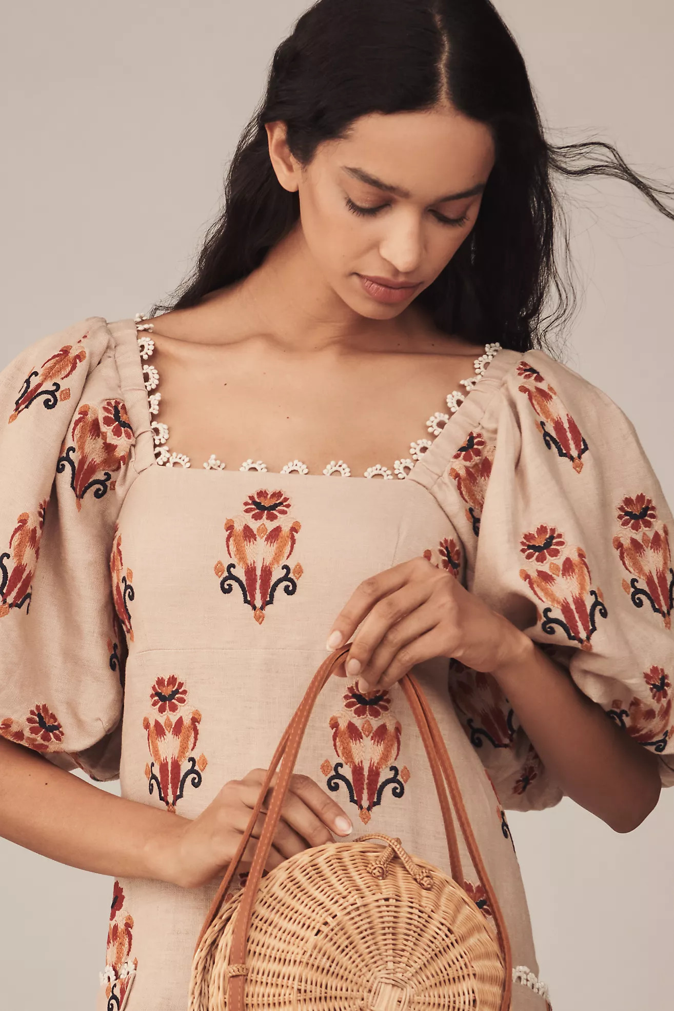 Farm Rio Puff-Sleeve Linen Embroidered Macaw Midi Dress | Anthropologie (US)