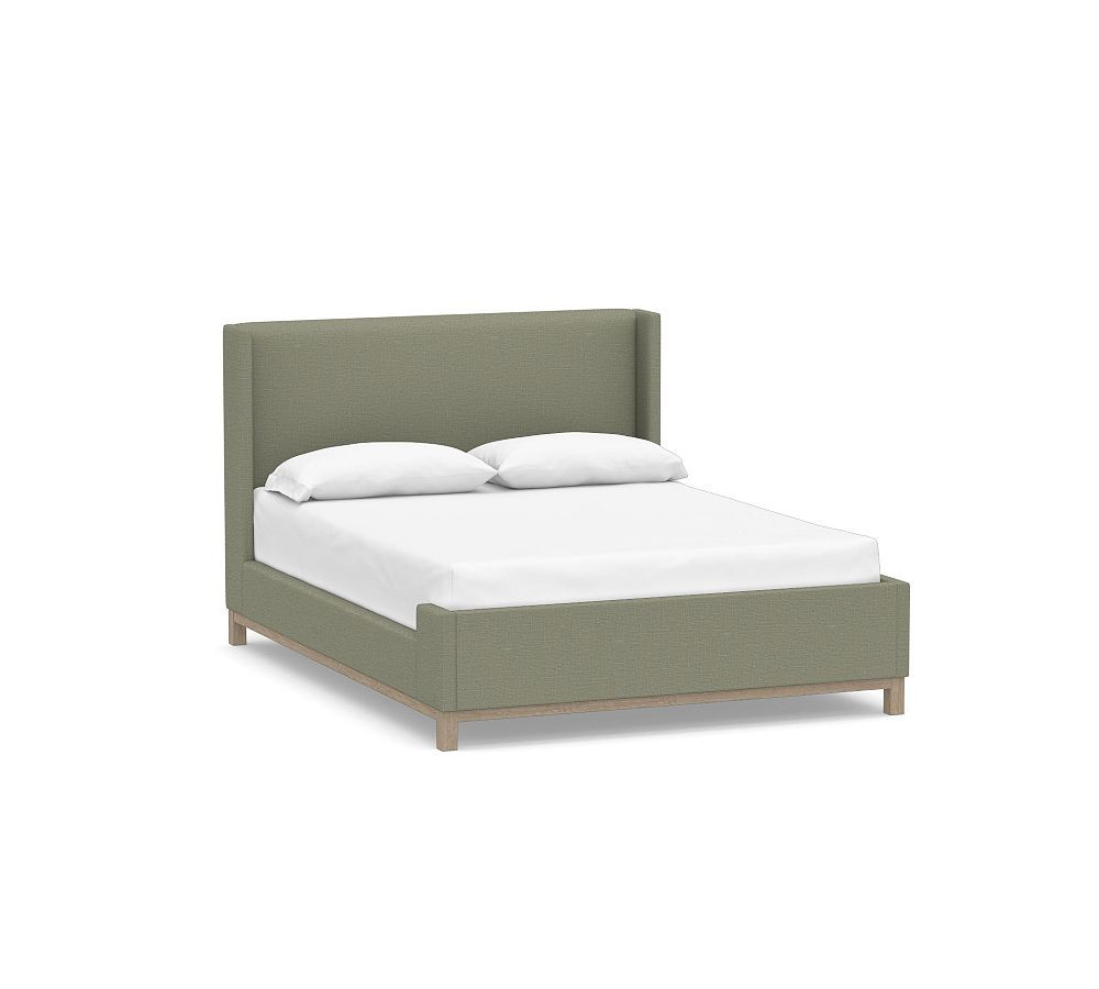 Jake Upholstered Platform Sleigh Bed with Wood Base | Pottery Barn (US)
