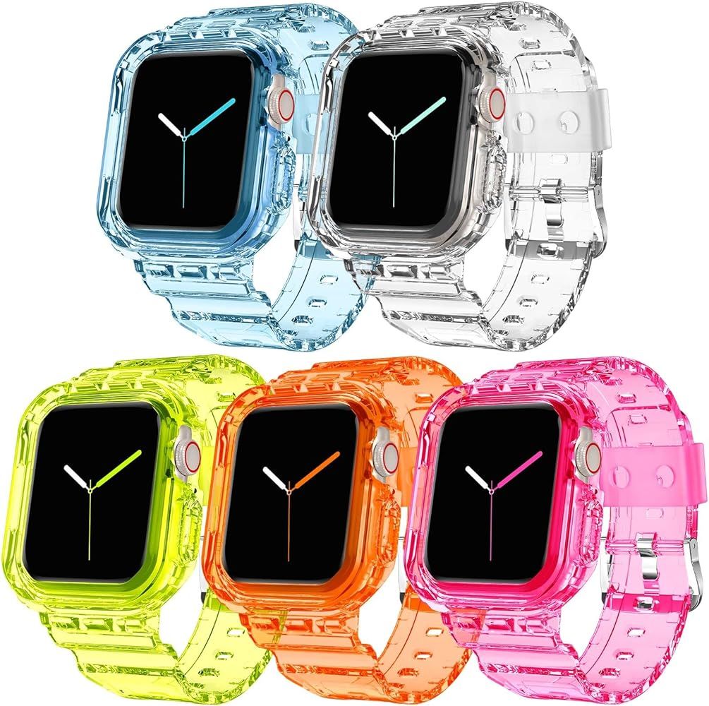DABAOZA [5 Packs] Compatible for Clear Apple Watch Band with Bumper Case, Jelly Crystal Women Men... | Amazon (US)