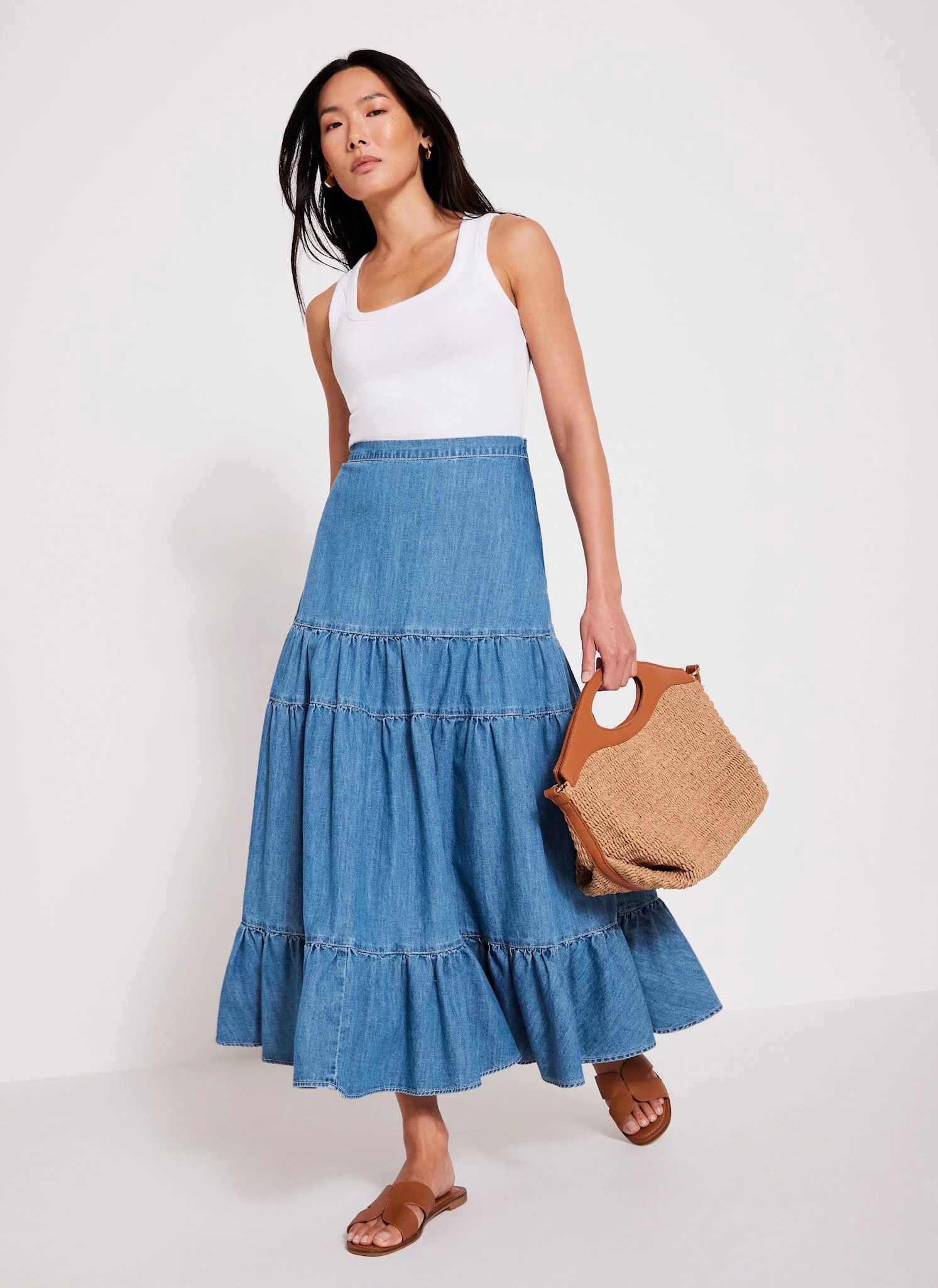 Indigo Tiered Denim Maxi Skirt | Mint Velvet