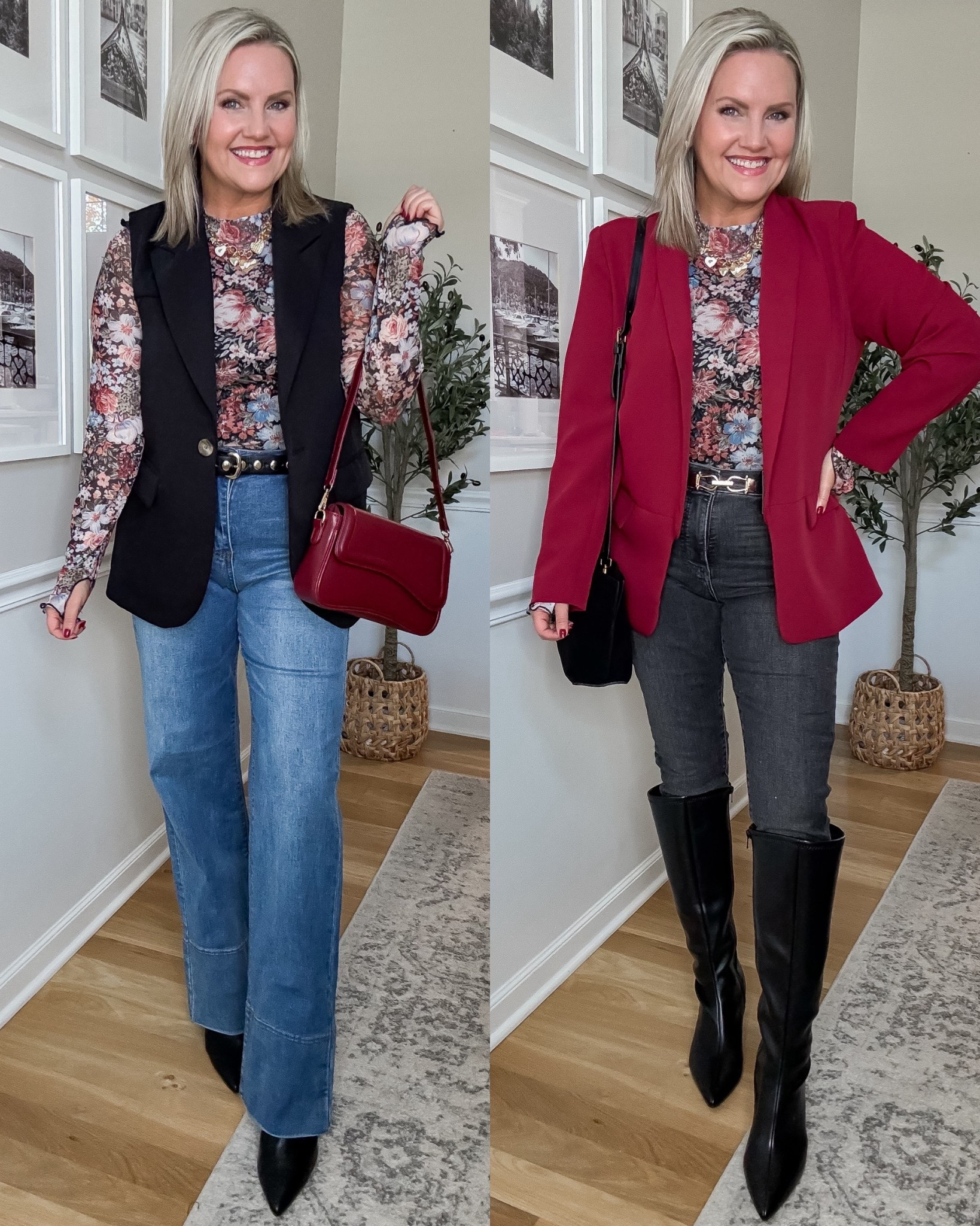 Styling the viral floral mesh top 2 ways for fall. I’m in size medium in the top. Jeans run true to size (I’m in size 6). I’m in size small in the vest and blazer. 

#LTKOver40 #LTKStyleTip #LTKFindsUnder50